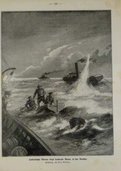 1917 - alter Druck - Holländische Marine birgt treibende Minen in der Nordsee (Zeichnung von Jos. Gaber)